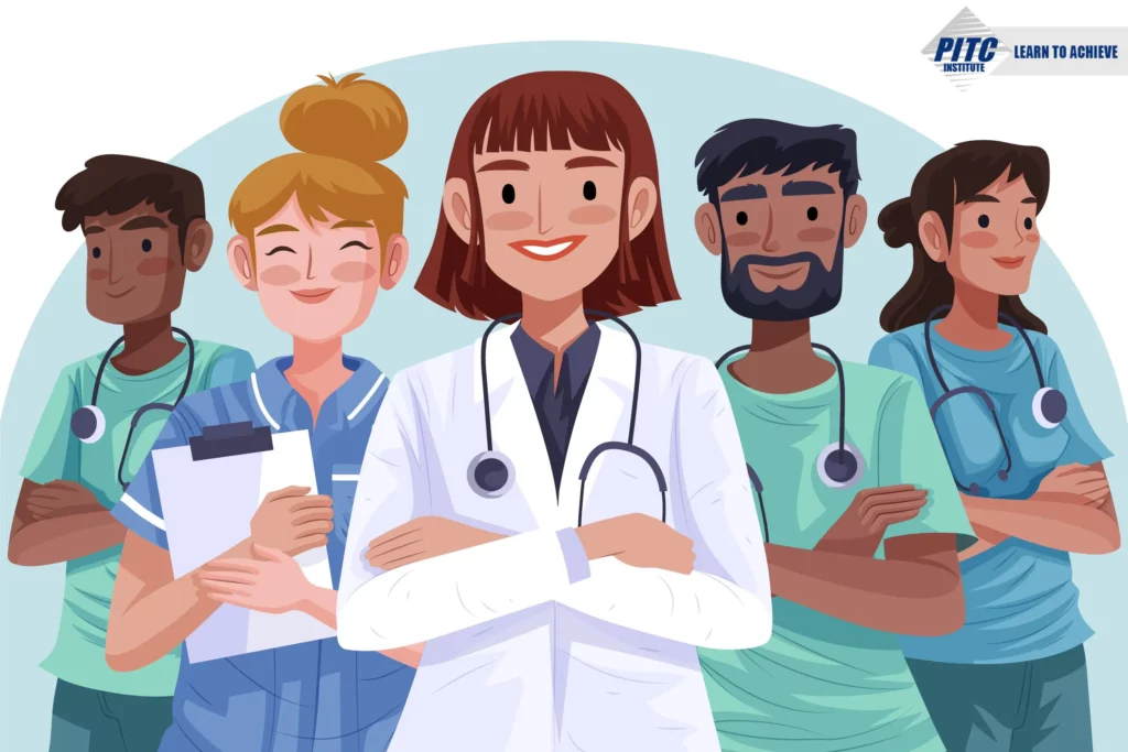 Exploring the Benefits of a Career in Practical Nursing A graphical image of a group of healthcare professionals. The topic is exploring the benefits of career in practical nursing pitc institute